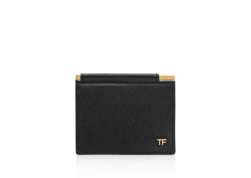 SMALL GRAIN LEATHER FOLDING MONEY CLIP CARDHOLDER BLACK online